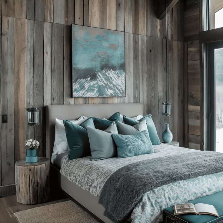 Gray bedding with teal pillows and wall accent