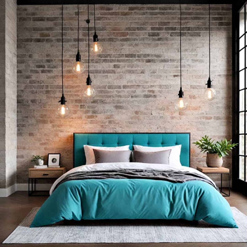 Industry style teal, gray, and white bedroom