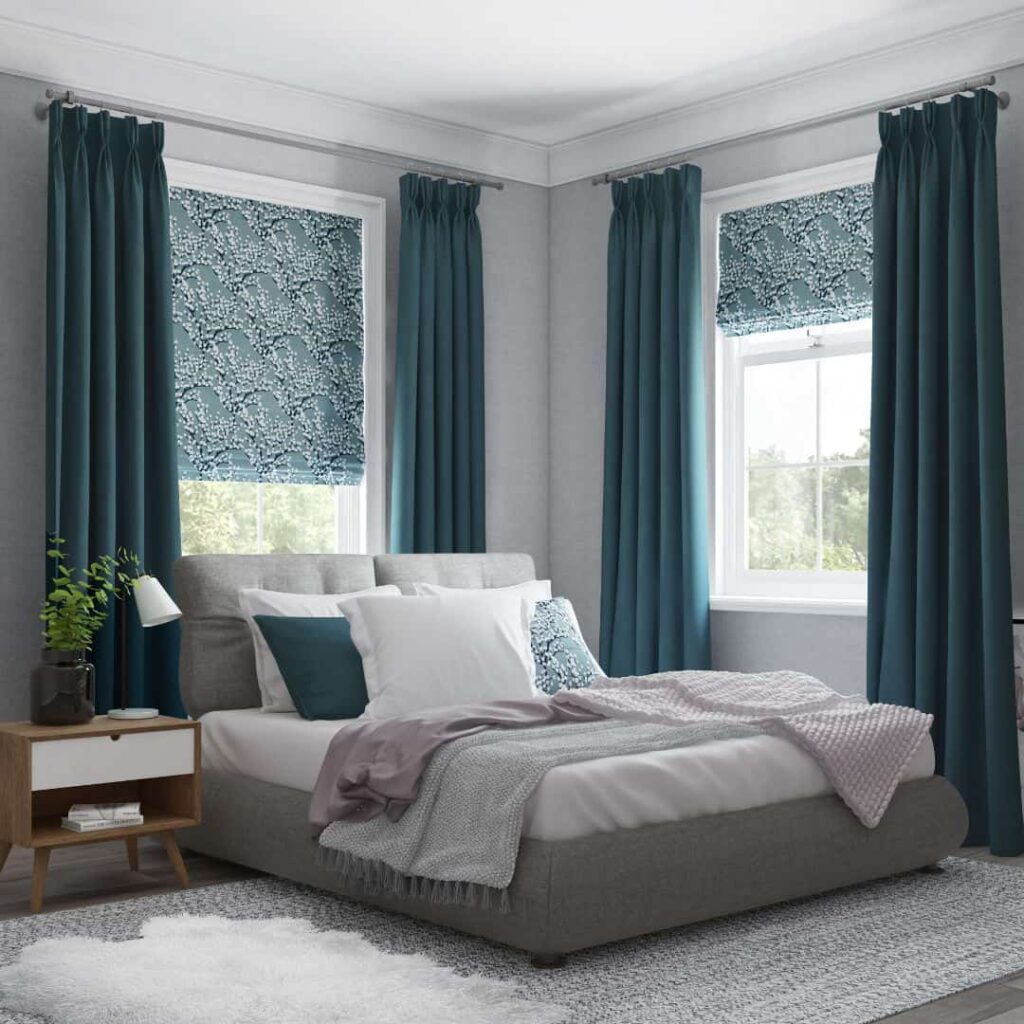 Teal Curtains with Gray and White Bedding