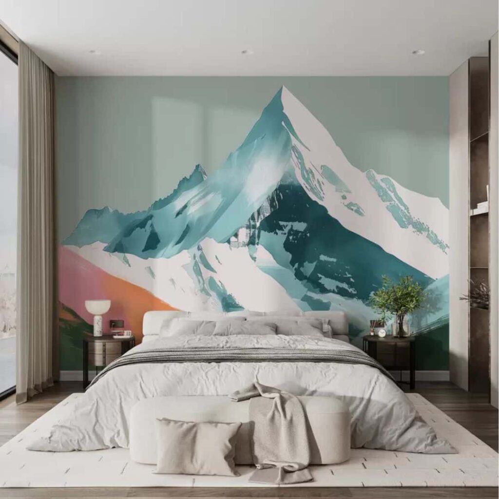 Teal Wall Mural with Gray and white Accent Bedding