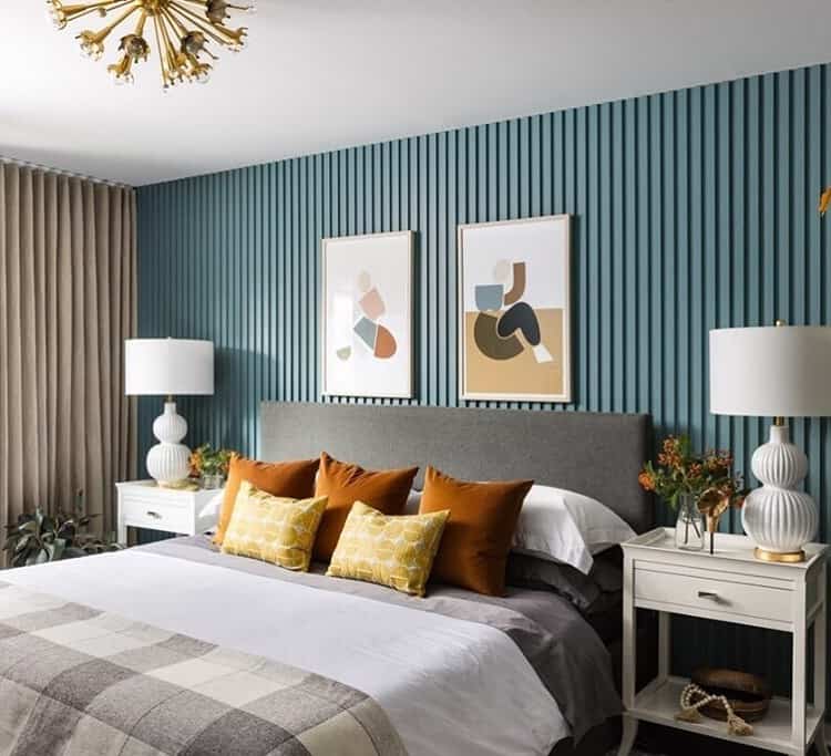 Teal Shiplap Walls With Gray Bedding