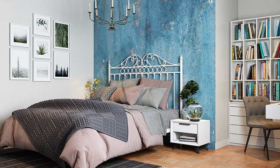 Contemporary Teal and Gray bedroom with Metallic Accents