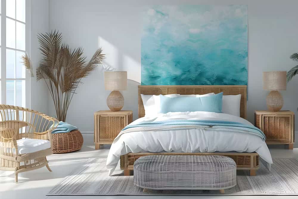 Teal and gray boho bedroom